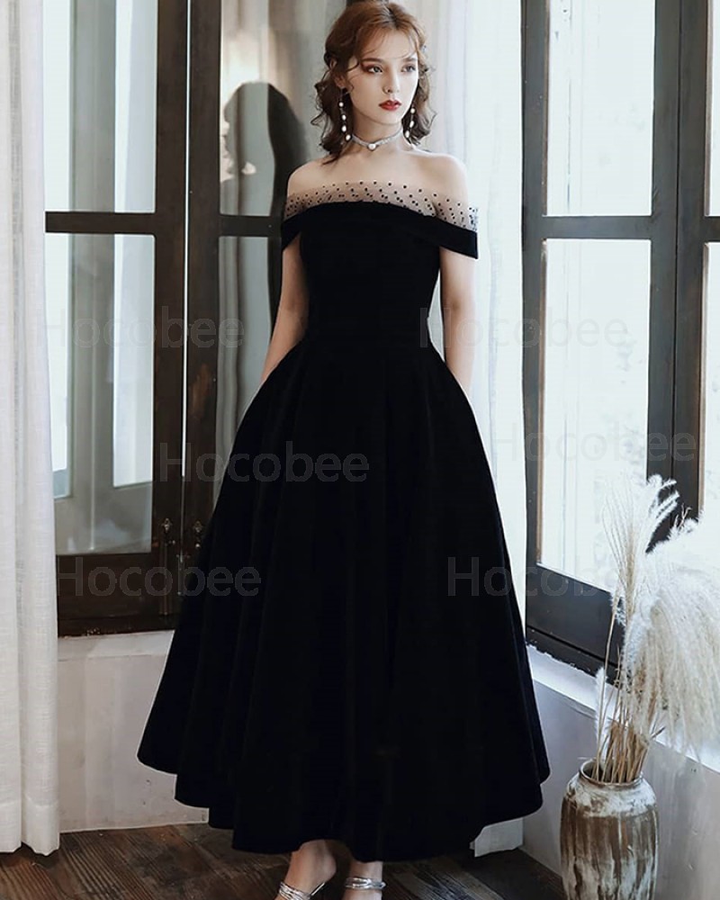 Black Ankle Length Off The Shoulder Satin Long Formal Dress With Pockets PD2186