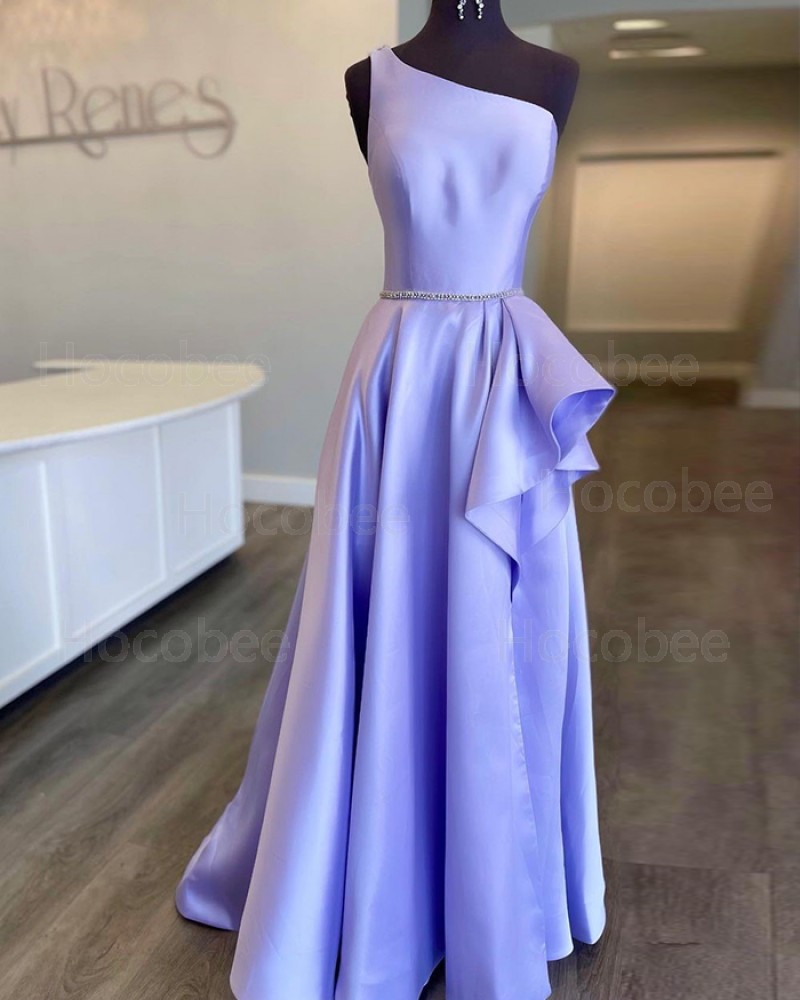 Lavender Beading One Shoulder Satin Long Formal Dress With Side Slit PD2188