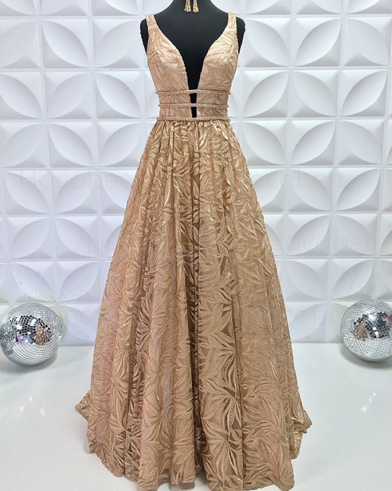 Beading Lace V-Neck A-Line Gold Pleated Long Formal Dress PD2195