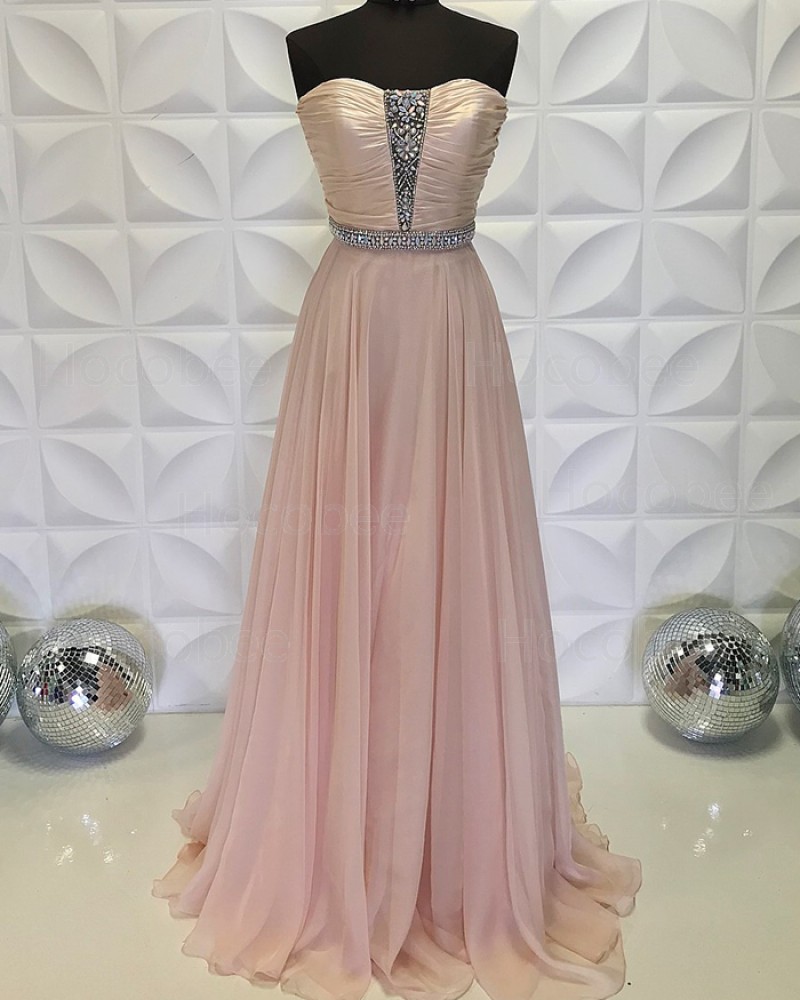 Beading Bodice Strapless Ruched Chiffon Dusty Pink Long Formal Dress PD2199