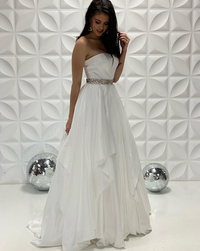 White Strapless Satin A-Line Long Formal Dress With Beading Sashes PD2205