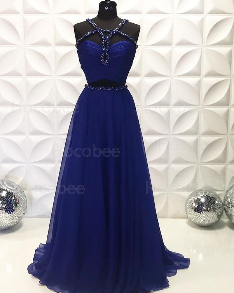 Navy Blue Two Piece Beading Ruched Chiffon Long Formal Dress PD2228