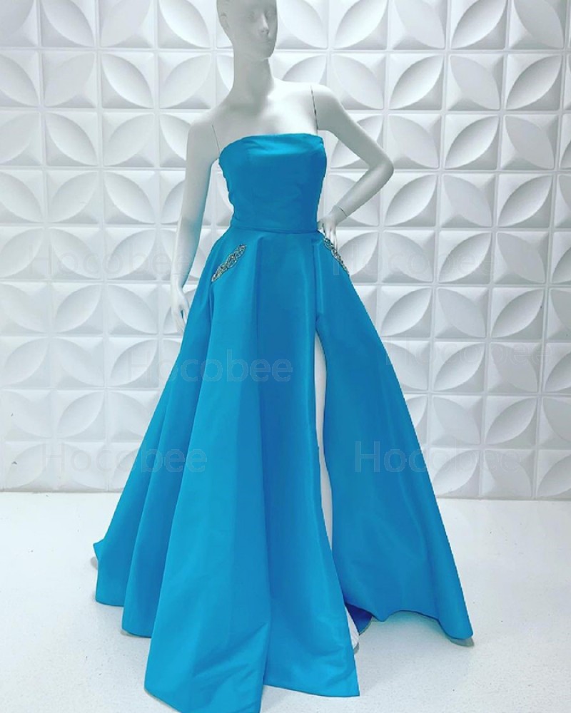 Satin Simple Strapless Side Slit Long Formal Dress With Beading Pockets PD2229