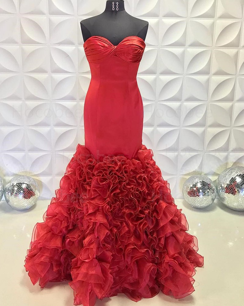 Ruched Red Satin Sweetheart Mermaid Long Formal Dress With Ruffled Skirt PD2230