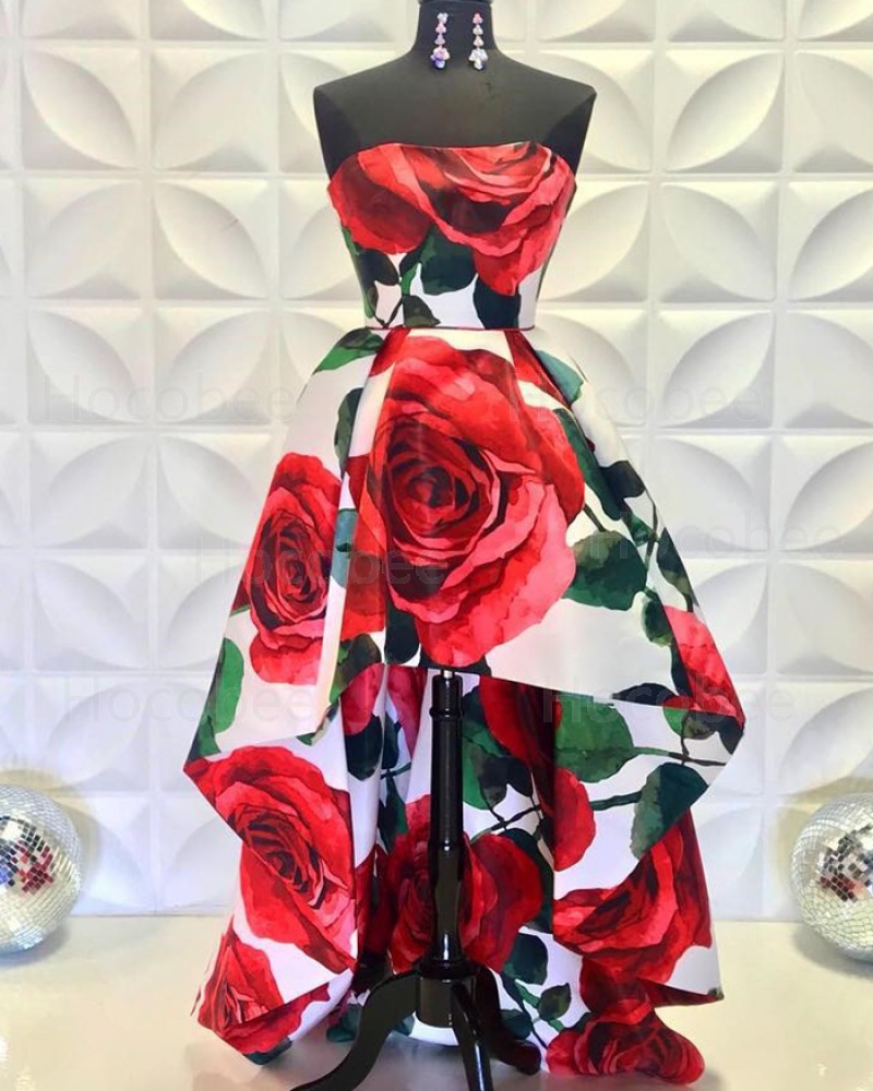 High Low Strapless Rose Print Long Formal Dress PD2231