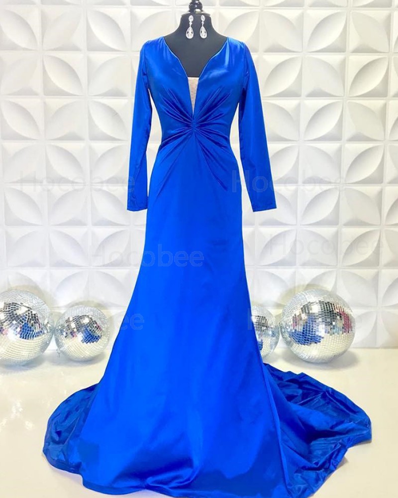 V-Neck Ruched Blue Mermaid Simple Long Formal Dress With Long Sleeves PD2232