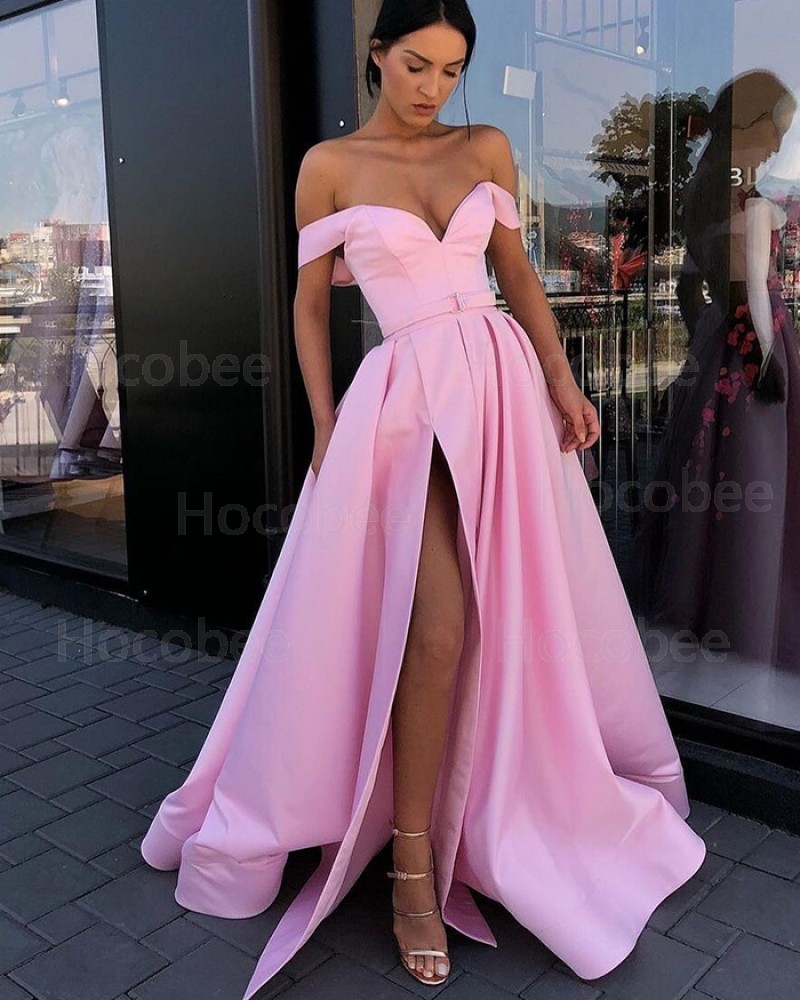 Pink Pleated Off The Shoulder Satin Long Formal Dress With Side Slit PD2247