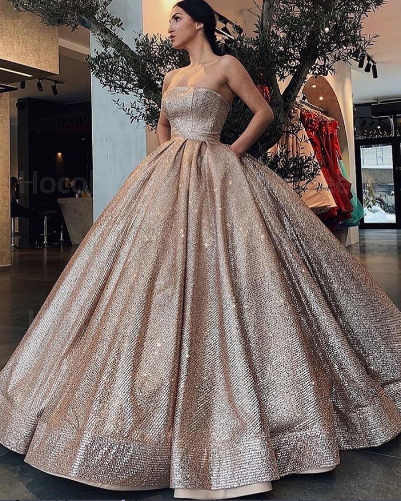 Gold Metallic Pleated Strapless Ball Gown Formal Dress With Pockets PD2248