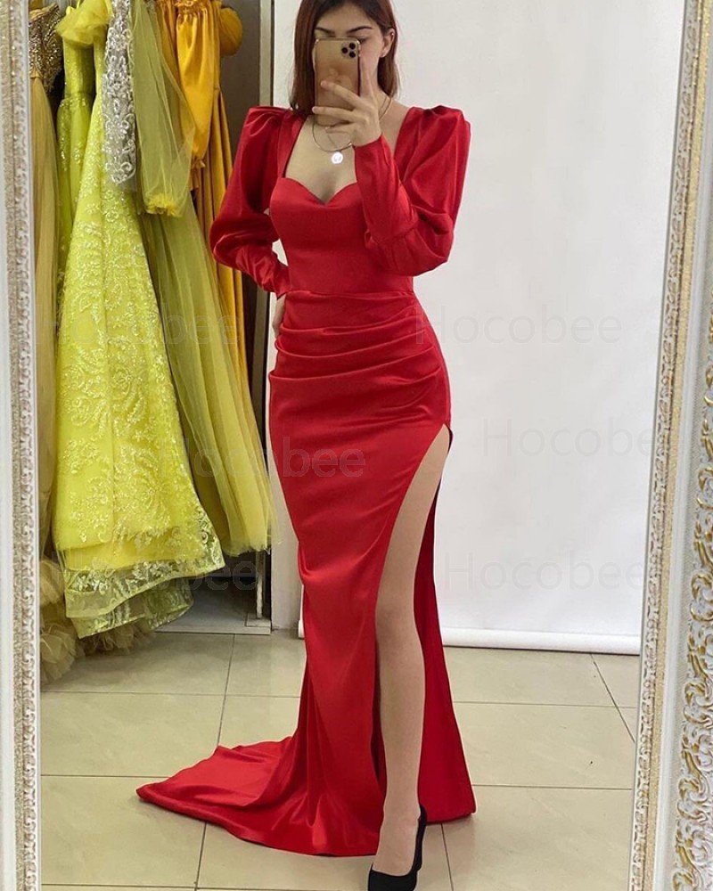 Red Ruched Long Sleeve Square Neckline Long Formal Dress With Side Slit PD2250