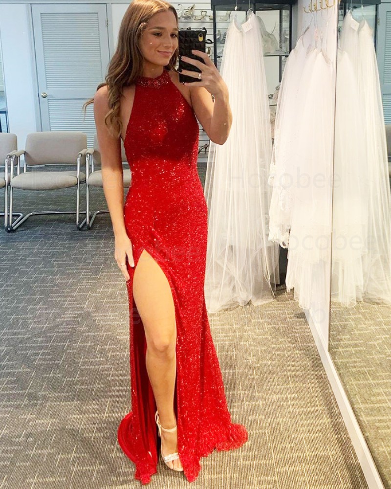 Red Sequin High Neck Mermaid Long Formal Dress with Side Slit PD2283
