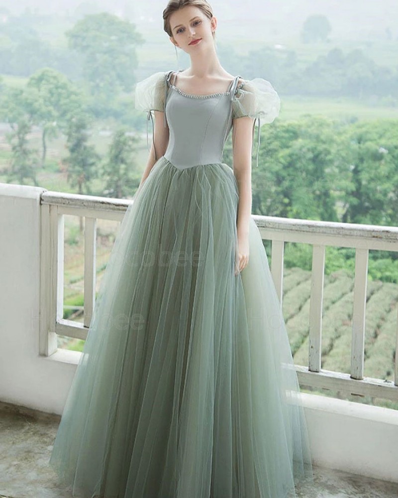 Mint Tulle Ball Gown Scoop Long Formal Dress with Short Bubble Sleeves PD2293