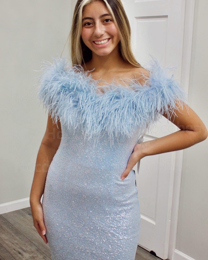 Sequin Blue Mermaid V-neck Long Formal Dress with Feather PD2296