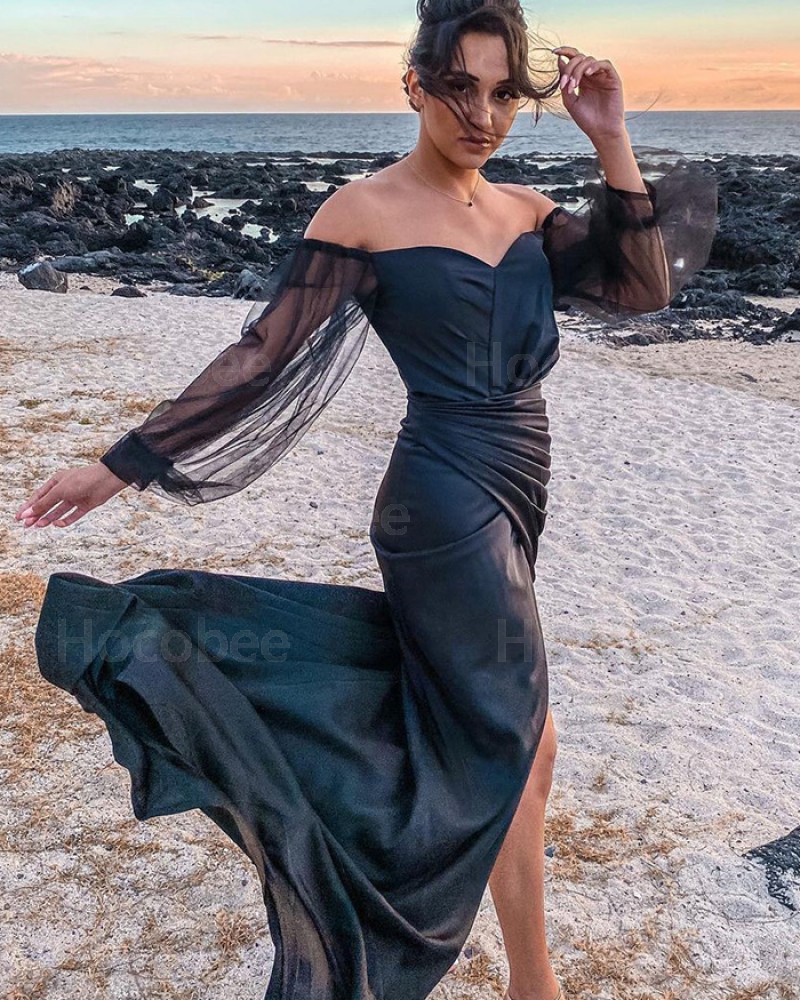 Black Ruched Satin Off the Shoulder Mermaid Long Formal Dress with Long Tulle Sleeves PD2307