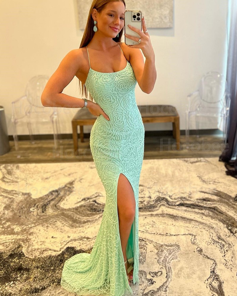 Mint Green Lace Spaghetti Straps Mermaid Long Formal Dress with Side Slit PD2353