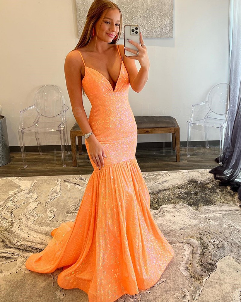 Orange Strappy Sequin Spaghetti Straps Mermaid Long Formal Dress PD2370