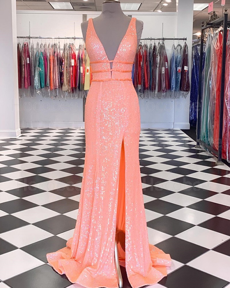 Coral Pink Strappy Sequin Mermaid V-neck Long Formal Dress with Side Slit PD2383