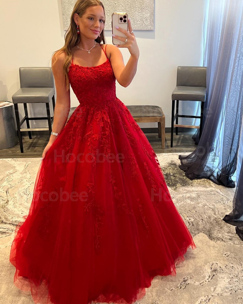 Lace Applique Spaghetti Straps Tulle Red Formal Dress PD2394