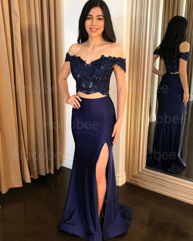 Navy Blue Two Piece Off the Shoulder Beading Bodice Mermaid Formal Dress PD2399