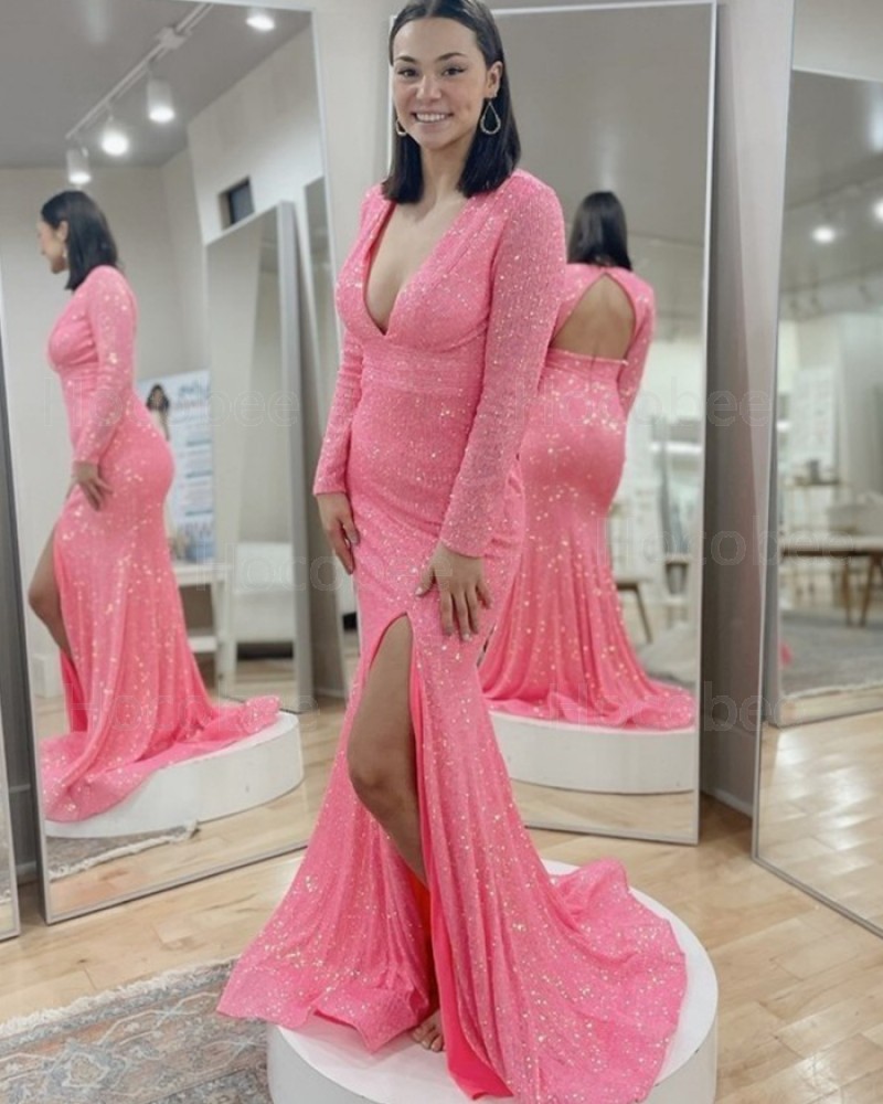 Pink Sequin Deep V-neck Long Sleeve Mermaid Formal Dress with Side Slit PD2400