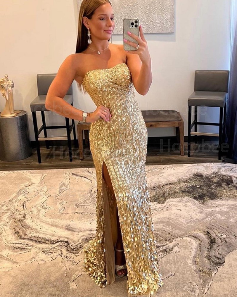 Gold Stripe Sequin Strapless Mermaid Formal Dress with Side Slit PD2420