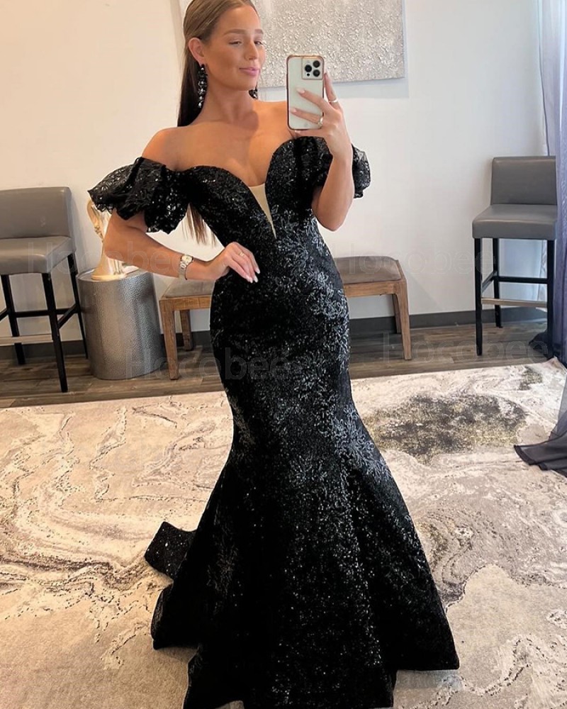 Off the Shoulder Black Sequin Lace Mermaid Formal Dress with Short Sleeves PD2433