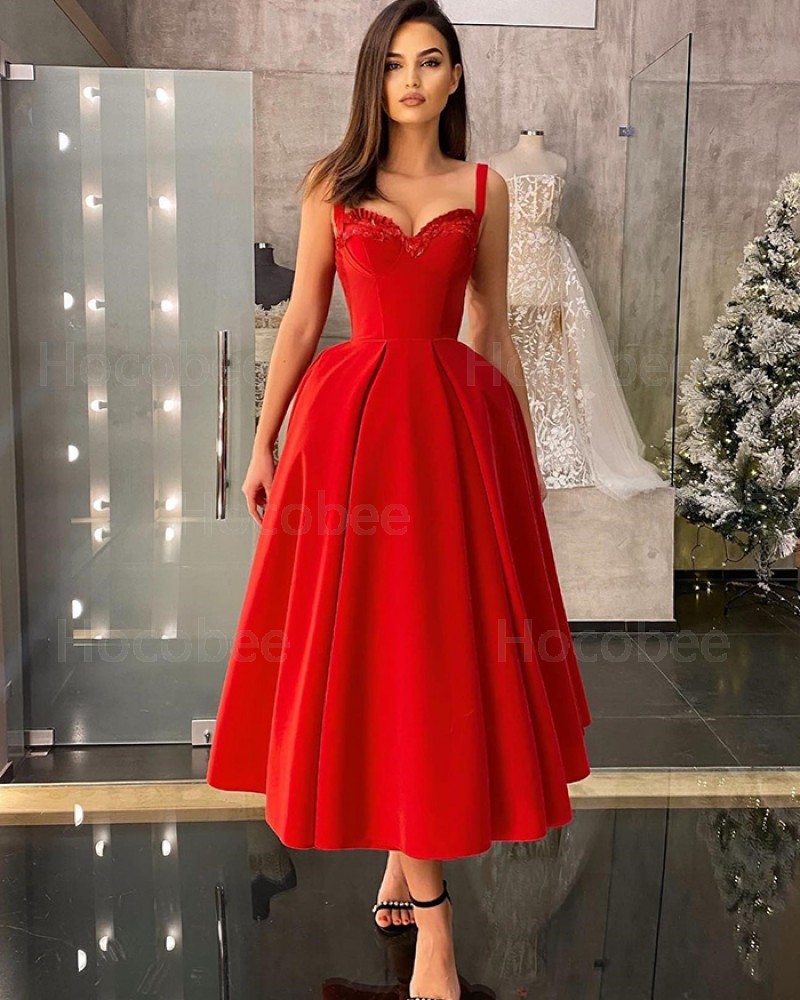 Red Beaded Square Neckline Satin Long Formal Dress PD2479