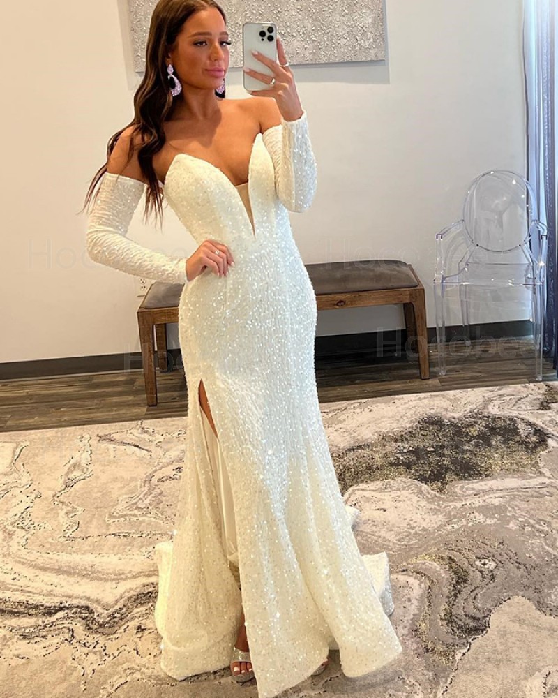 White Sequin Side Slit Mermaid Sweetheart Formal Dress with Removable Sleeves PD2489