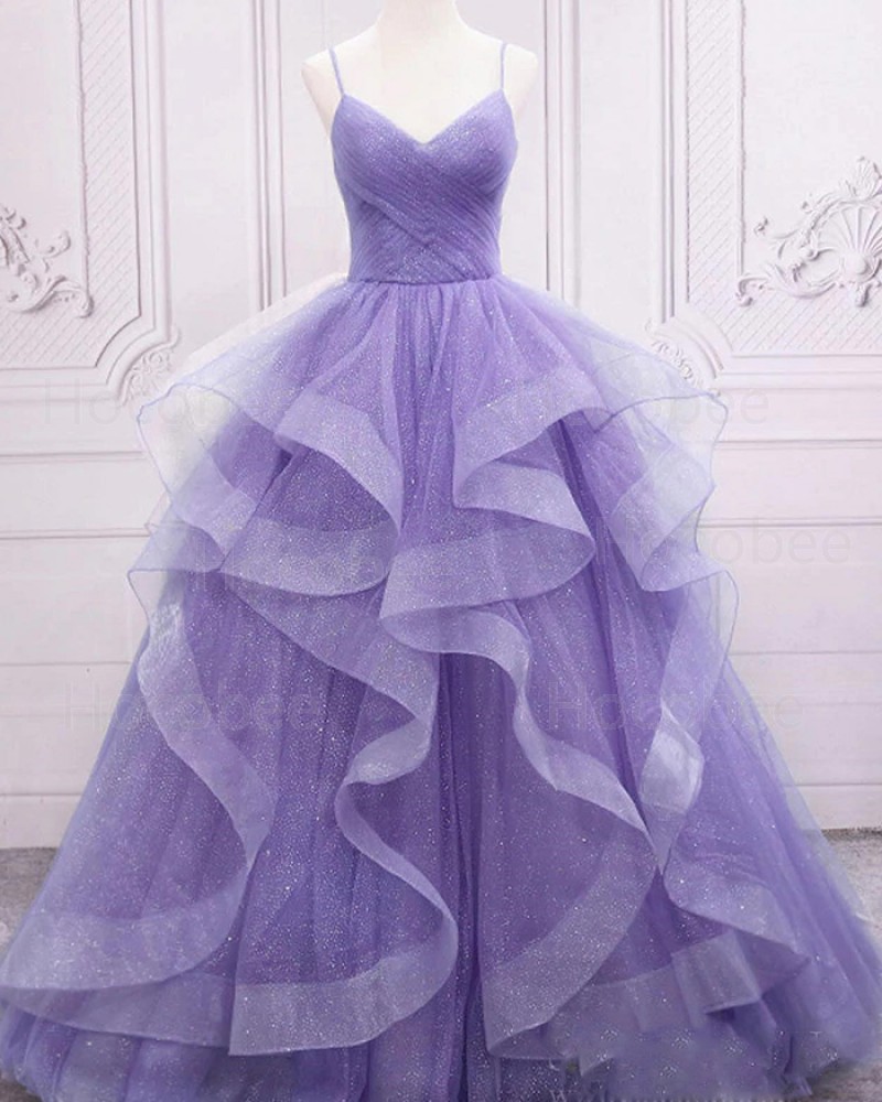Elegant Lavender Ruffled Spaghetti Sparkle Evening Dress PD2506