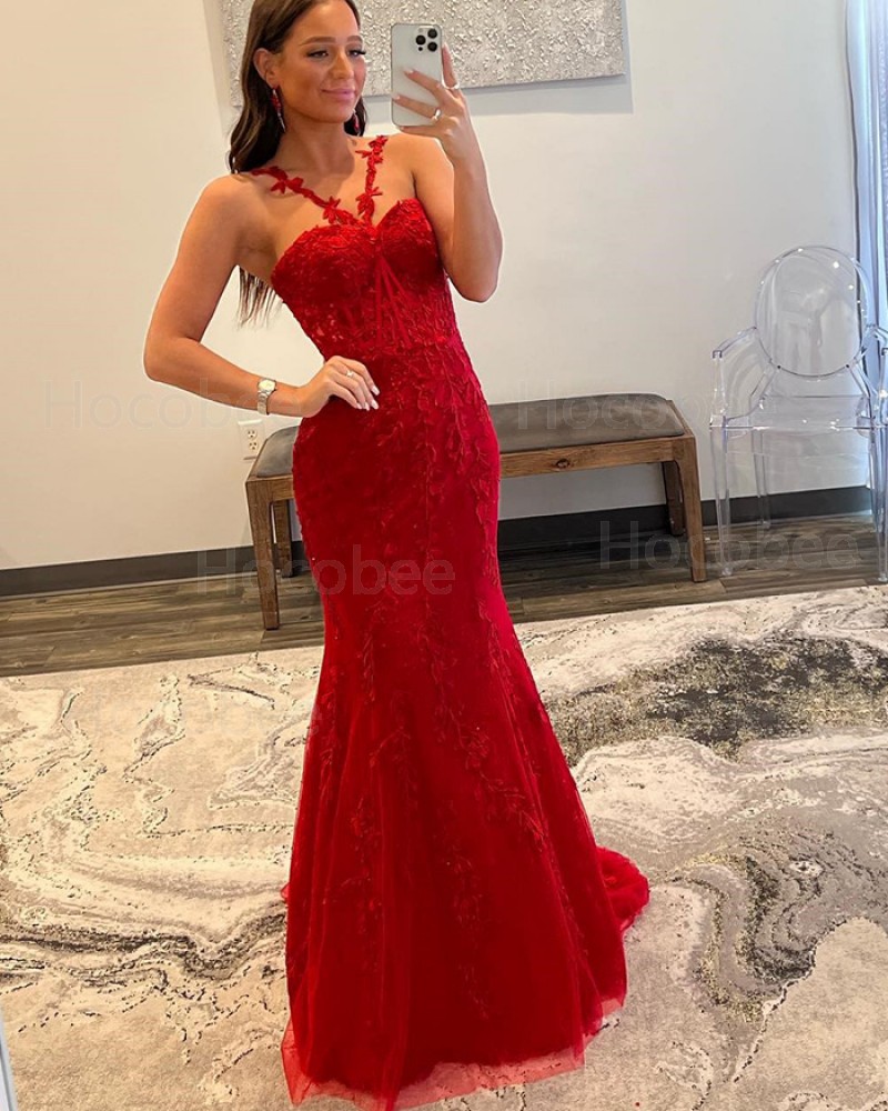 Lace Red Mermaid Spaghetti Straps Formal Dress PD2510