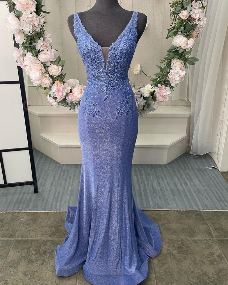 Blue Lace Bodice Metallic V-neck Mermaid Formal Dress PD2512