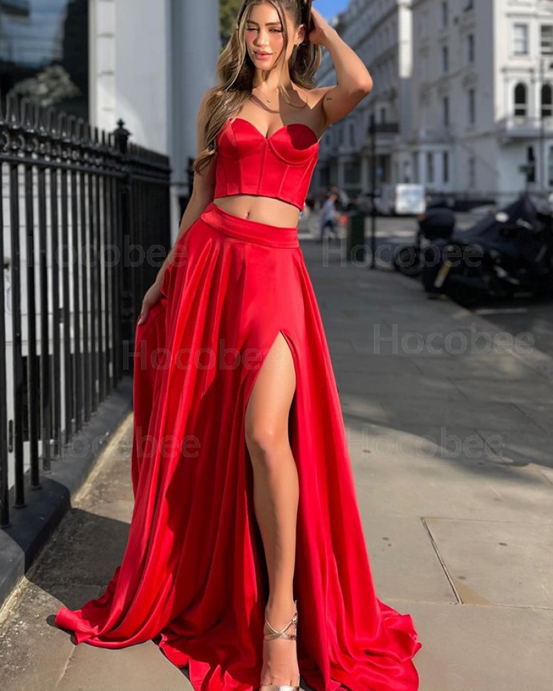 Sweetheart Two Piece Red Satin Simple Formal Dress with Side Slit PD2513