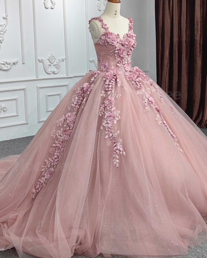 Handmade Flowers Tulle Spaghetti Straps Ball Gown Evening Dress PD2517