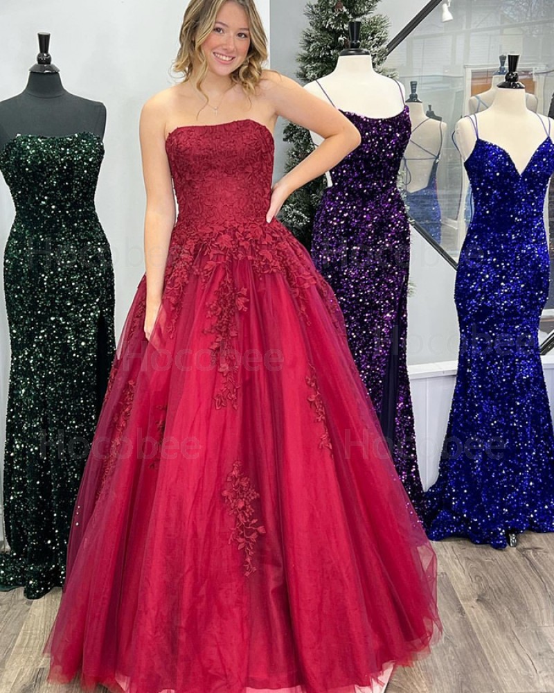 Burgundy Lace Applique A-line Strapless Formal Dress PD2518
