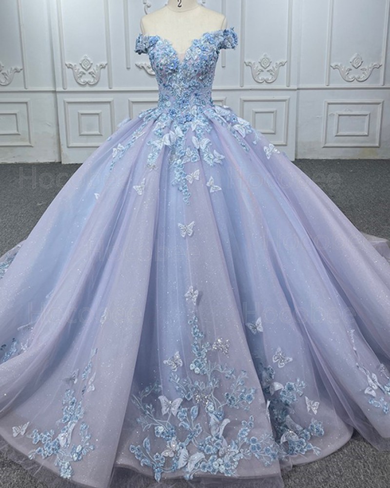 Dusty Blue Applique Tulle Off the Shoulder Ball Gown Quinceanera Dress PD2546