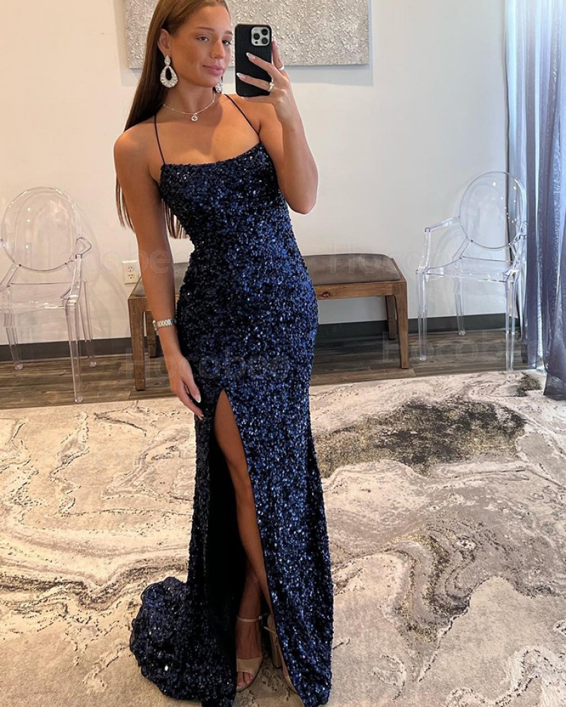 Navy blue spaghetti strap prom dress top