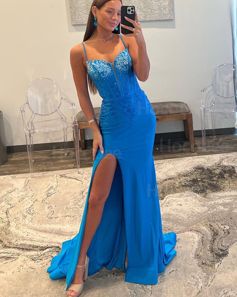 Beading Blue Spaghetti Straps Mermaid Formal Dress with Side Slit PD2564