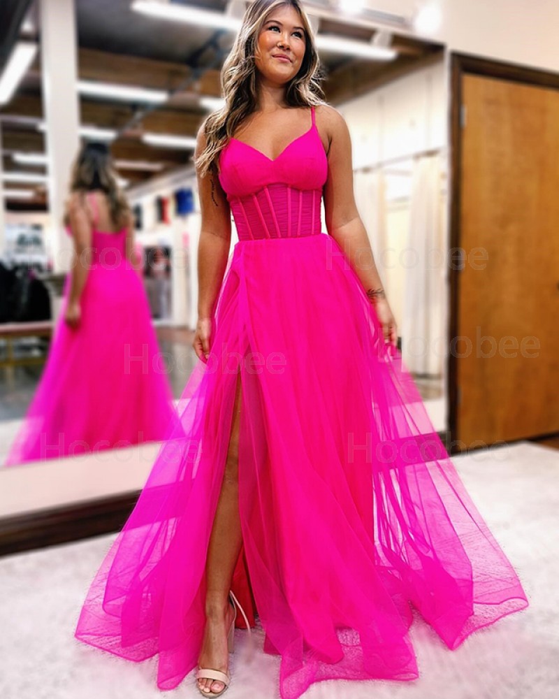 Simple Tulle Spaghetti Straps Pink Long Formal Dress with Side Slit PD2595