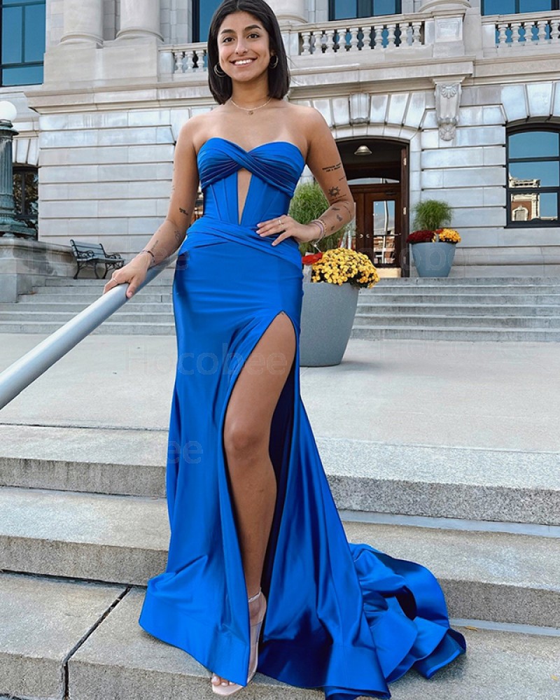 Blue Satin Ruched Sweetheart Long Formal Dress with Side Slit PD2612