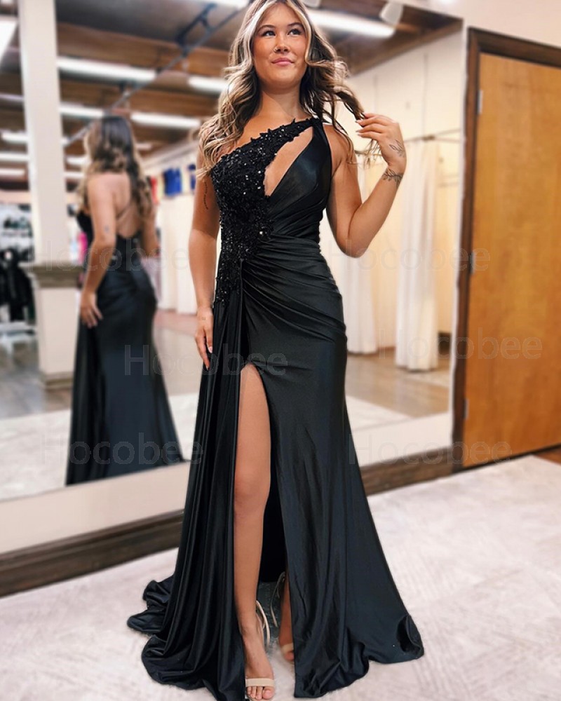 Black Sequin Lace Applique One Shoulder Ruched Long Formal Dress with Side Slit PD2614