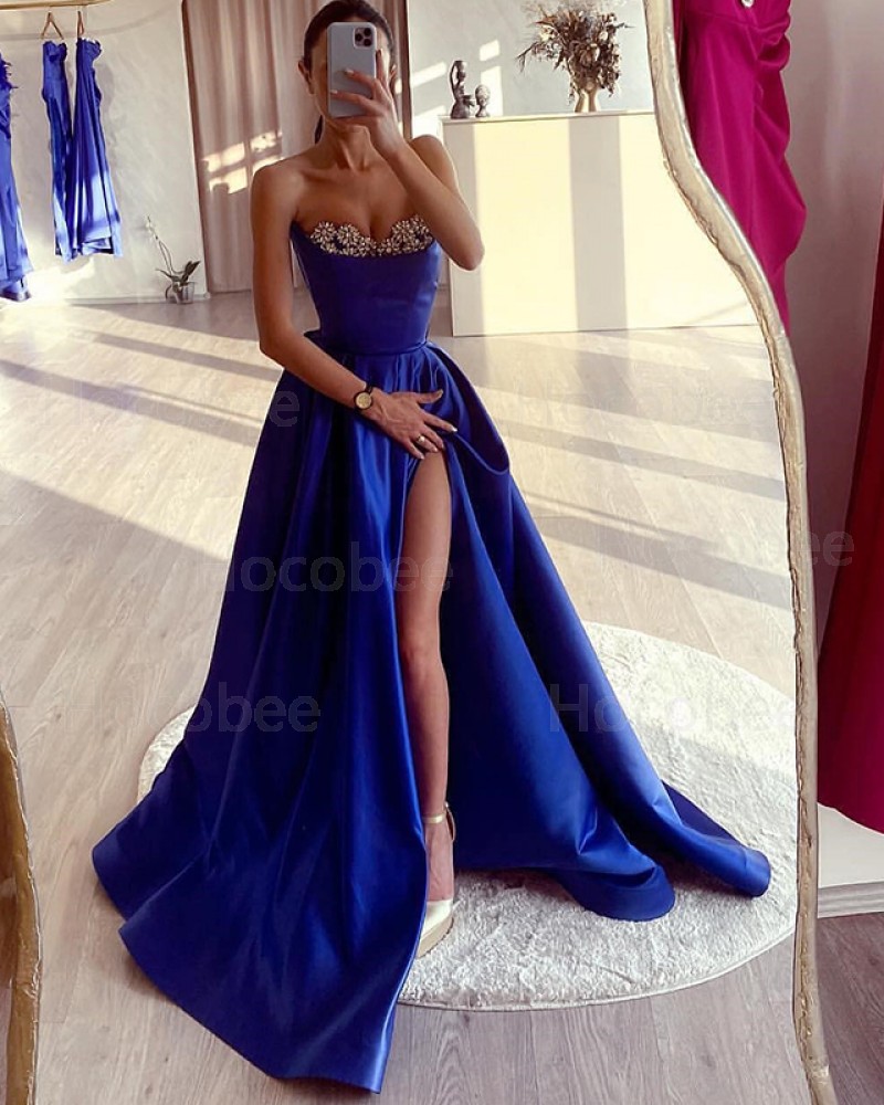 Beading Bodice Blue Satin Strapless Evening Dress with Side Slit PD2618