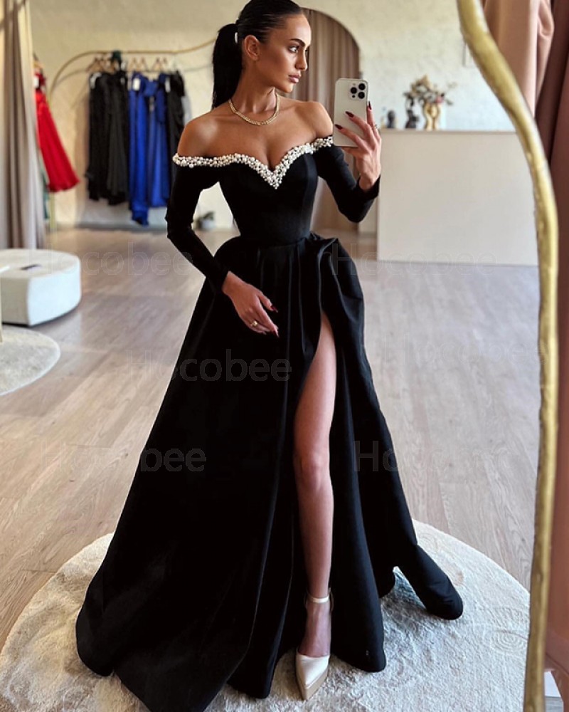 Black Side Slit Beading Off the Shoulder Evening Dress with Long Sleeves PD2619