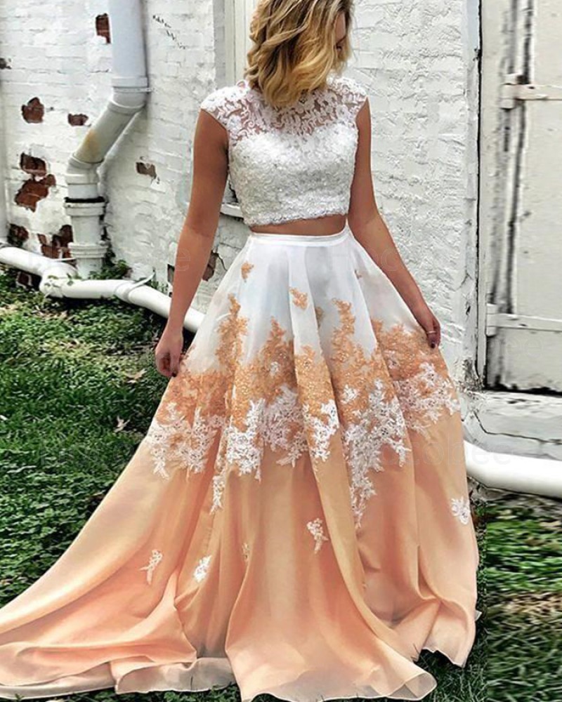 High Neck Two Piece Lace Bodice Ombre Long Formal Dress PM1265