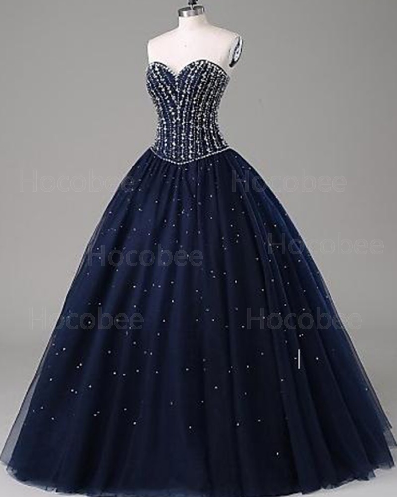 Sweetheart Sparkle Beading Navy Blue Ball Gown Prom Dress PM1268