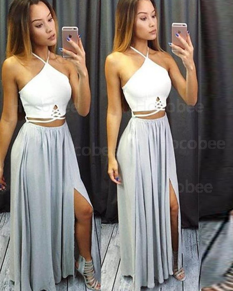 Halter White & Dusty Blue Cutout Chiffon Long Formal Dress with Side Slit PM1275