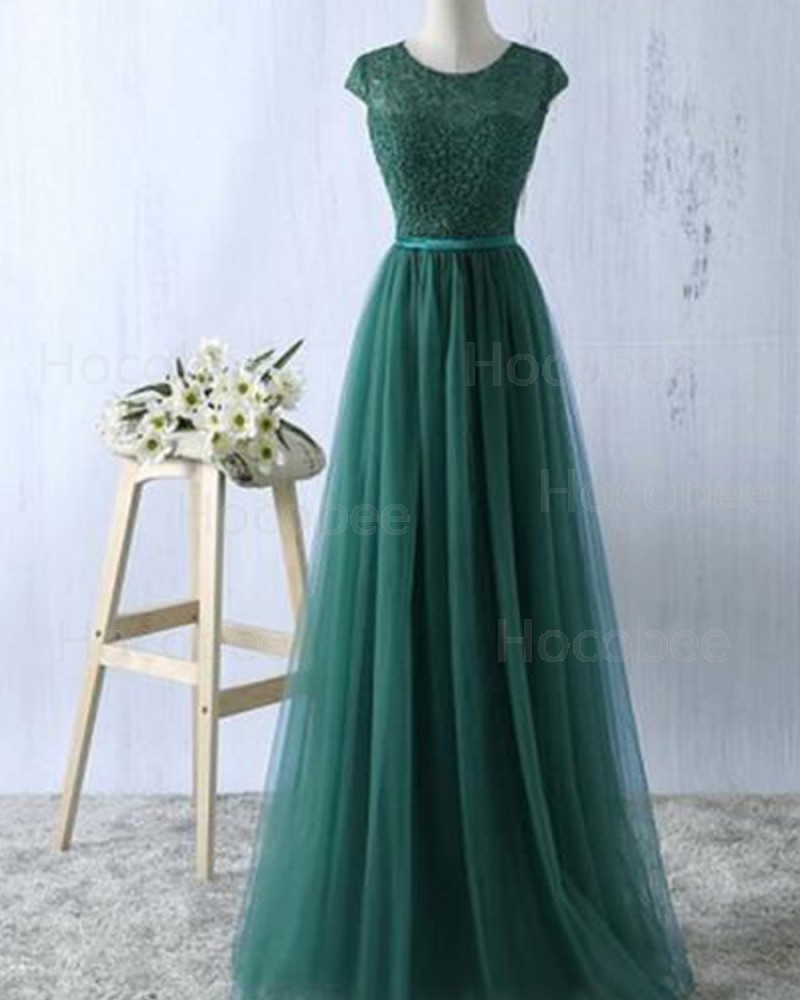 Green Sheer Lace Bodice Tulle Long Formal Dress PM1278