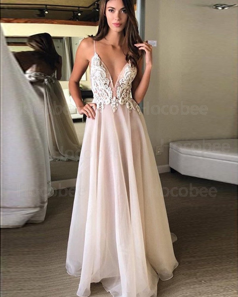 Spaghetti Straps Appliqued Bodice Tulle Dusty Pink Long Formal Dress PM1279