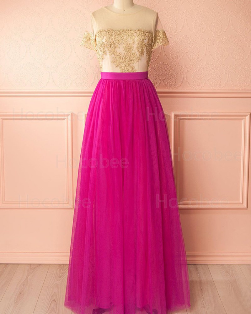 Gold and Red Tulle Appliqued Bridesmaid Dress with Short Sleeves PM1297