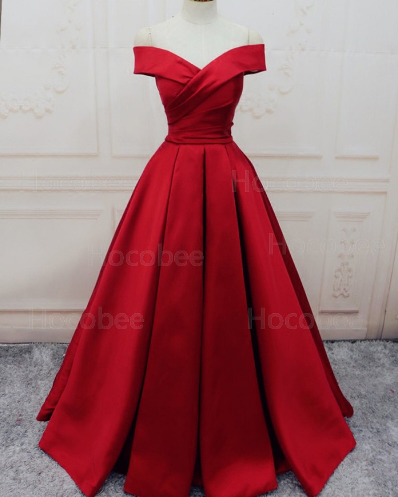 Off the Shoulder Pleated Satin Red Simple Long Formal Dress PM1307