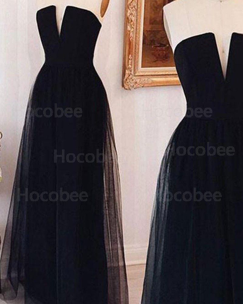 Simple Cutout Tulle and Satin Black Long Formal Dress PM1318