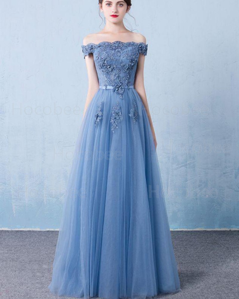 Off the Shoulder Blue Appliqued Tulle Long Formal Dress PM1320